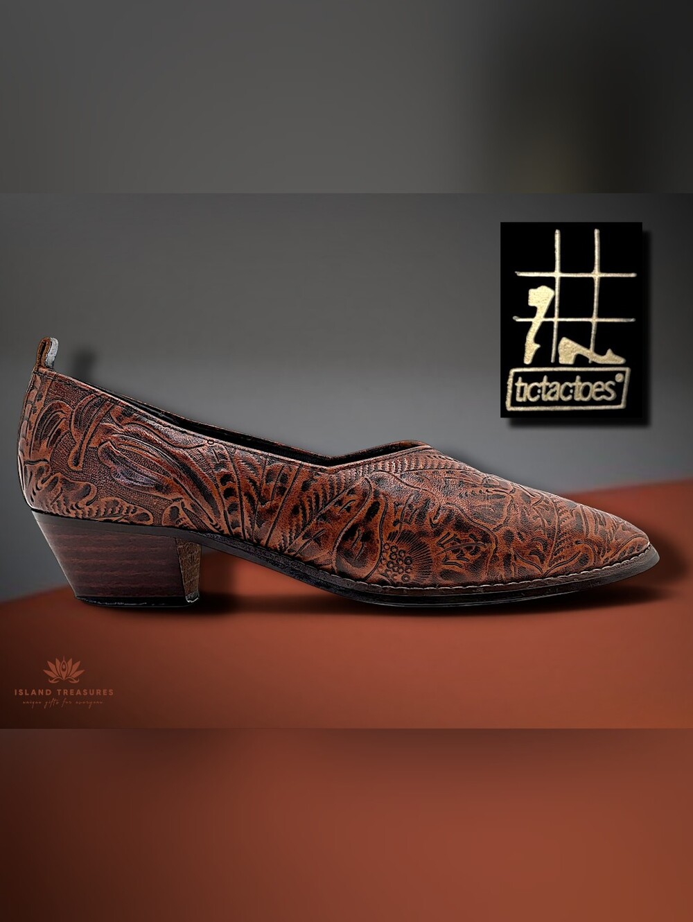 Tic·Tac·Toes Sz 8.5M Tooled Leather Western Boho Pointed Toe Low Heel Pump